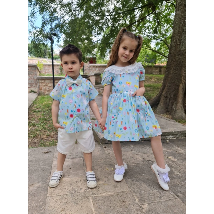 Kız Çocuk Desenli Tüllü Karpuz Kol Cepli Elbise