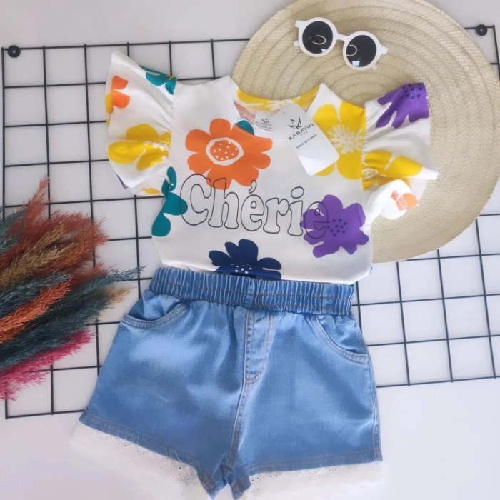Kız Çocuk Fırfırlı Yarım Kol Çiçek Desen Bluz Kot Şort