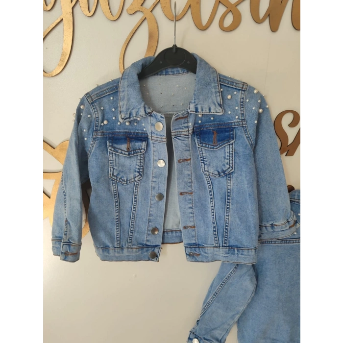 Kız Çocuk İnci Detaylı Kot Ceket