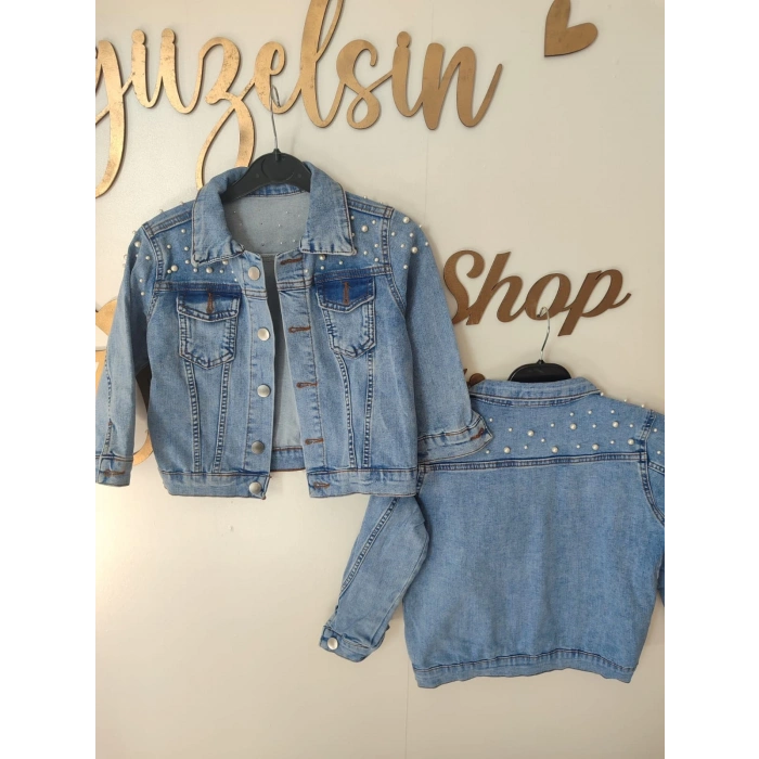 Kız Çocuk İnci Detaylı Kot Ceket