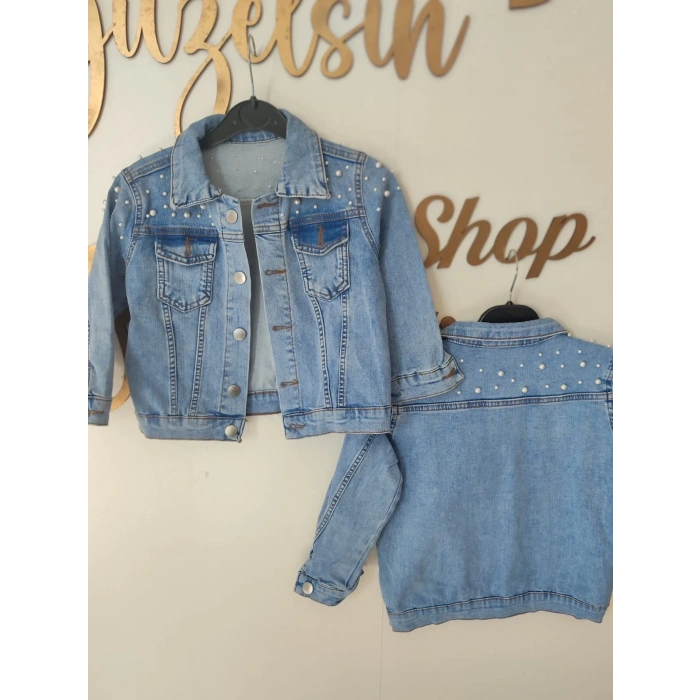 Kız Çocuk İnci Detaylı Kot Ceket