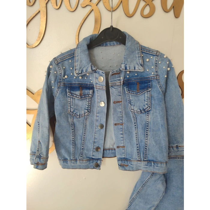 Kız Çocuk İnci Detaylı Kot Ceket