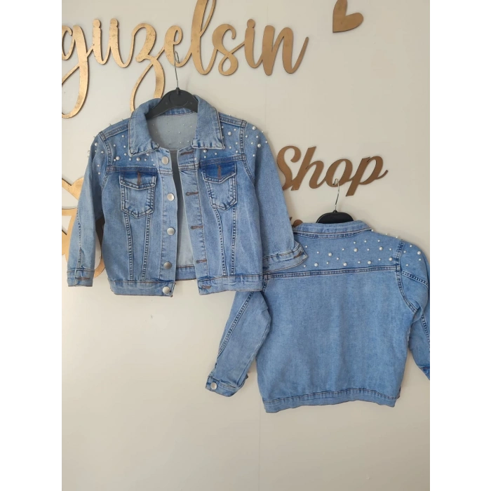 Kız Çocuk İnci Detaylı Kot Ceket