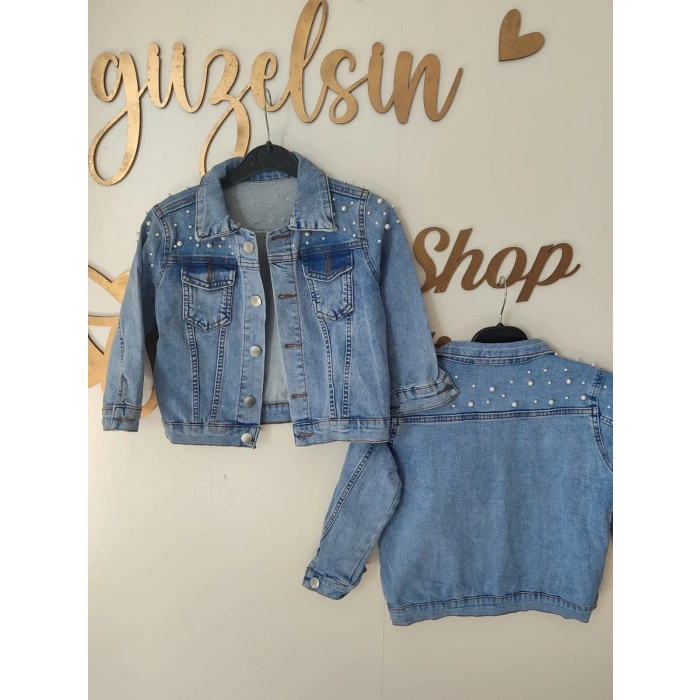 Kız Çocuk İnci Detaylı Kot Ceket