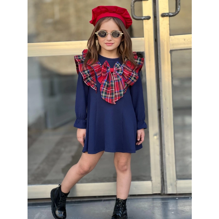 Kız Çocuk Kloş Parçalı Yaka Fiyonk Detaylı Elbise
