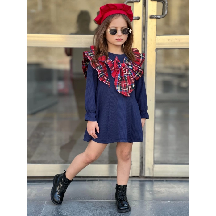 Kız Çocuk Kloş Parçalı Yaka Fiyonk Detaylı Elbise