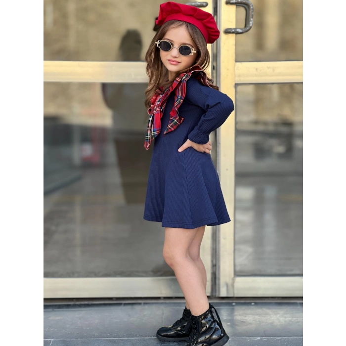 Kız Çocuk Kloş Parçalı Yaka Fiyonk Detaylı Elbise