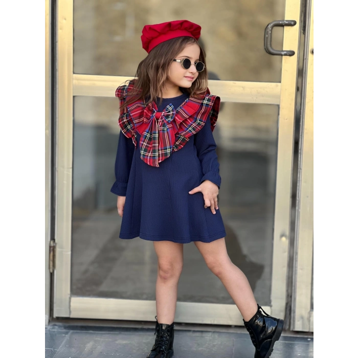 Kız Çocuk Kloş Parçalı Yaka Fiyonk Detaylı Elbise