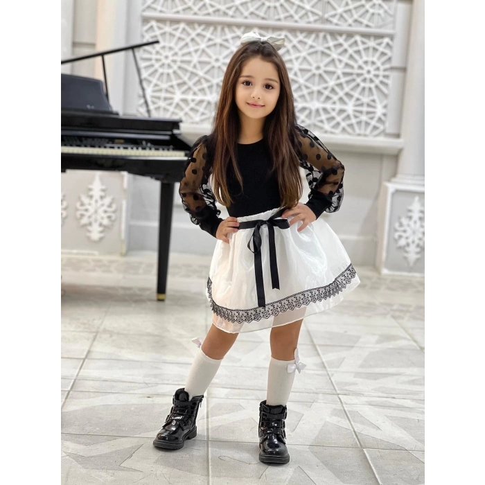 Kız Çocuk Kolları Dantel Bluz-Organze Kumaş Dantel Detaylı Kabarık Beyaz Etek