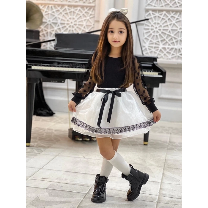 Kız Çocuk Kolları Dantel Bluz-Organze Kumaş Dantel Detaylı Kabarık Beyaz Etek