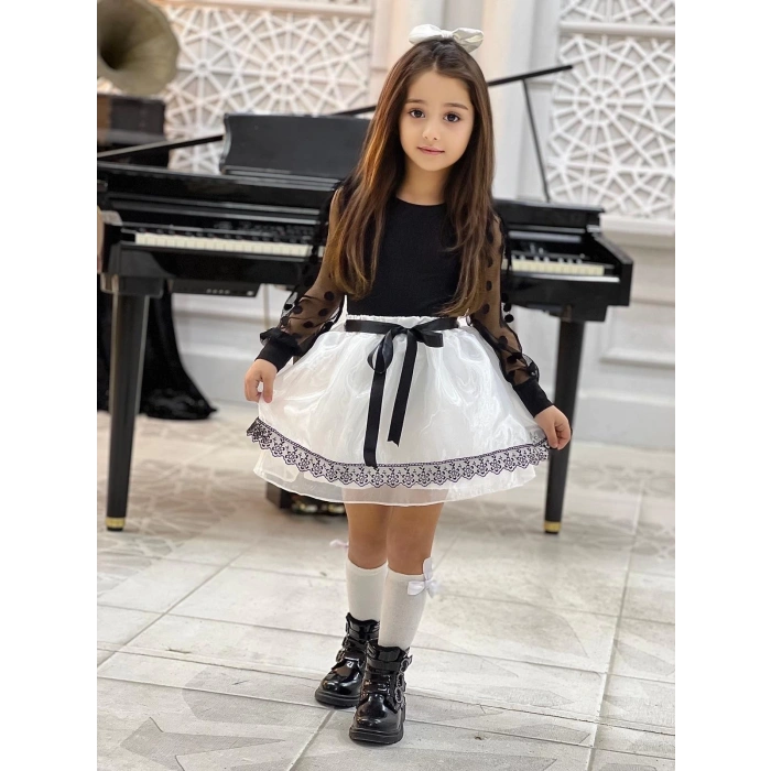 Kız Çocuk Kolları Dantel Bluz-Organze Kumaş Dantel Detaylı Kabarık Beyaz Etek