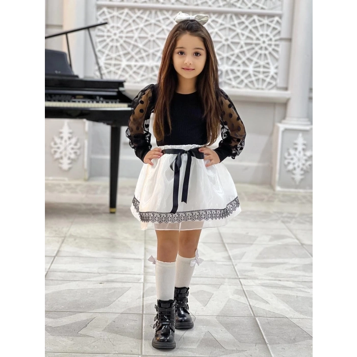 Kız Çocuk Kolları Dantel Bluz-Organze Kumaş Dantel Detaylı Kabarık Beyaz Etek