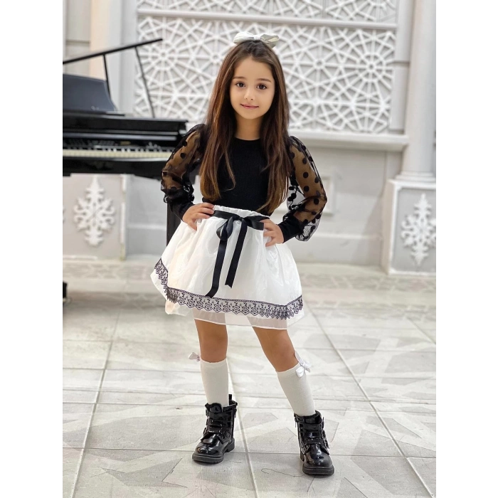 Kız Çocuk Kolları Dantel Bluz-Organze Kumaş Dantel Detaylı Kabarık Beyaz Etek