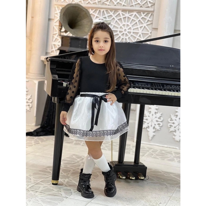 Kız Çocuk Kolları Dantel Bluz-Organze Kumaş Dantel Detaylı Kabarık Beyaz Etek