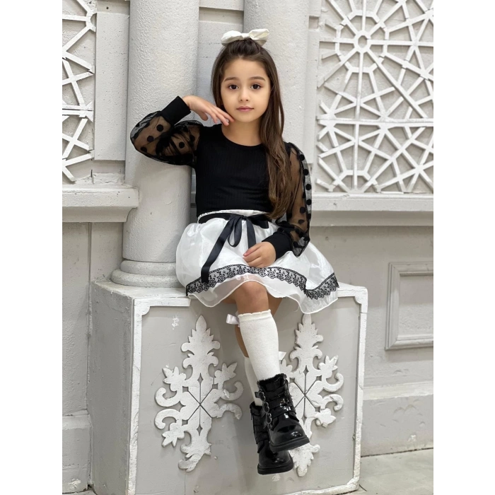 Kız Çocuk Kolları Dantel Bluz-Organze Kumaş Dantel Detaylı Kabarık Beyaz Etek