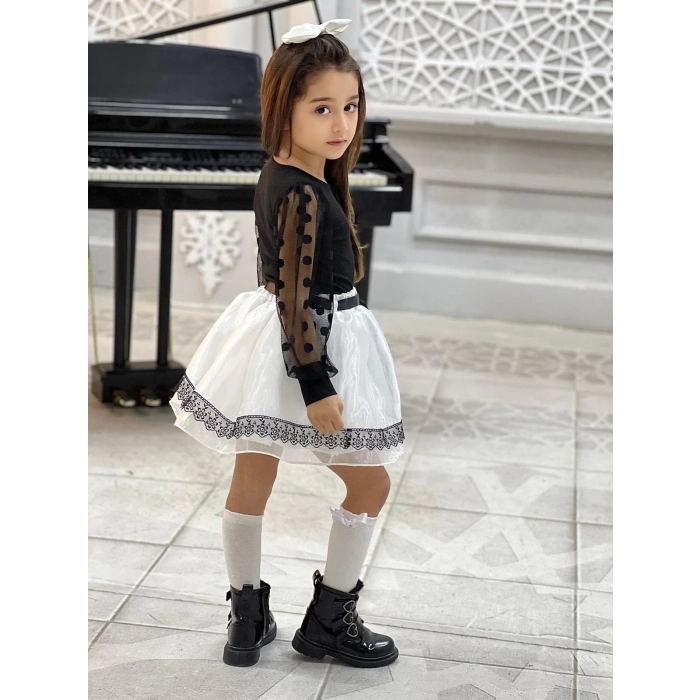 Kız Çocuk Kolları Dantel Bluz-Organze Kumaş Dantel Detaylı Kabarık Beyaz Etek