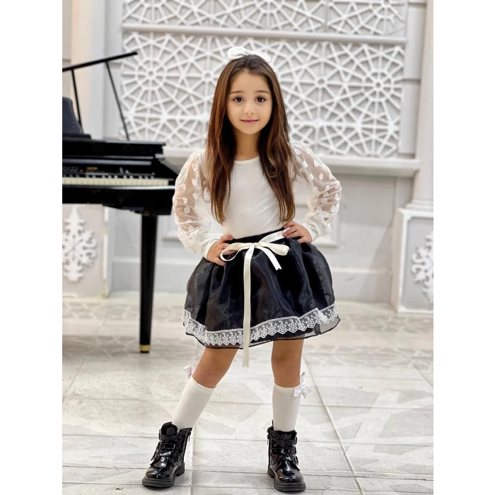 Kız Çocuk Kolları Dantel Bluz-Organze Kumaş Dantel Detaylı Kabarık Siyah Etek