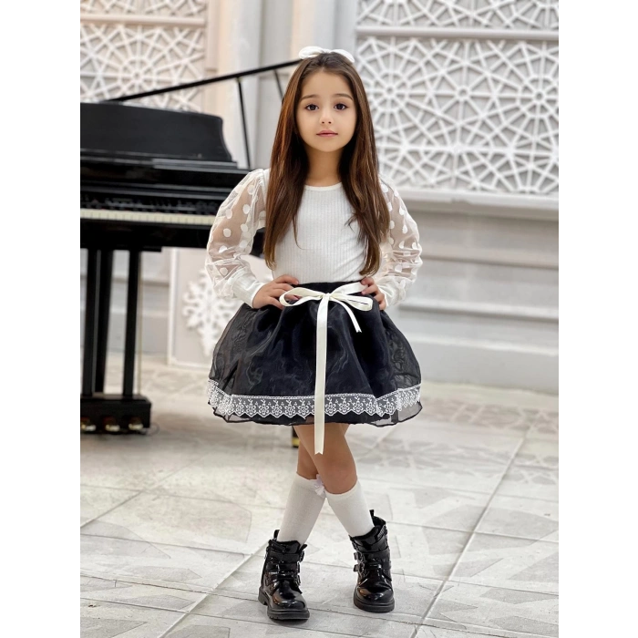 Kız Çocuk Kolları Dantel Bluz-Organze Kumaş Dantel Detaylı Kabarık Siyah Etek