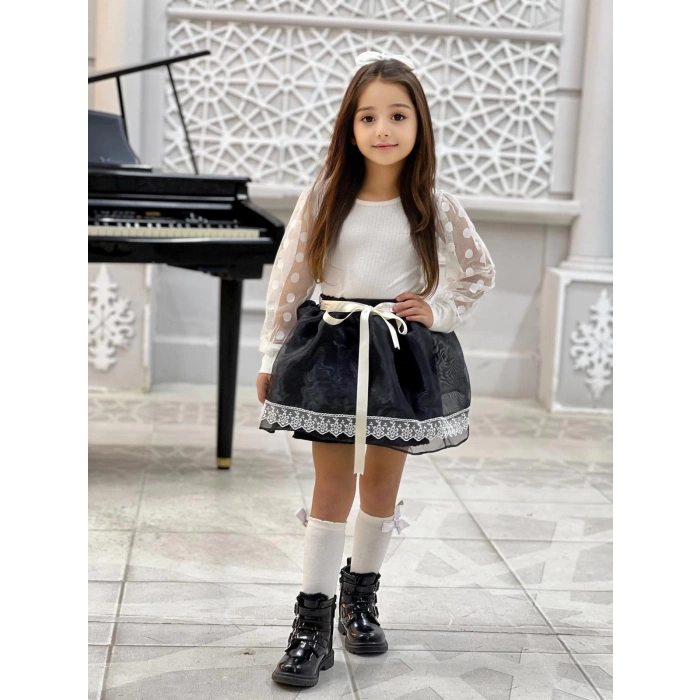 Kız Çocuk Kolları Dantel Bluz-Organze Kumaş Dantel Detaylı Kabarık Siyah Etek