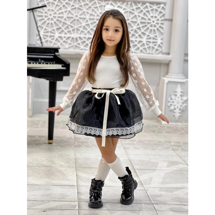 Kız Çocuk Kolları Dantel Bluz-Organze Kumaş Dantel Detaylı Kabarık Siyah Etek