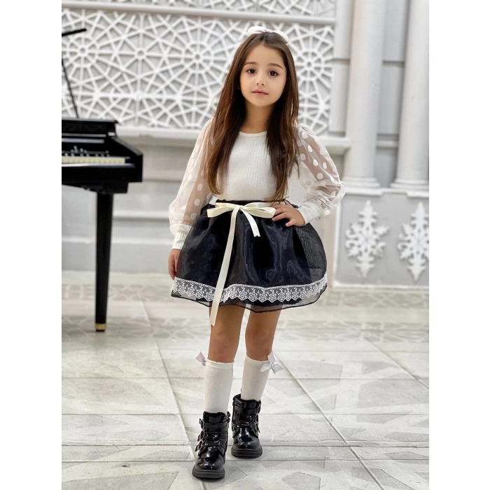 Kız Çocuk Kolları Dantel Bluz-Organze Kumaş Dantel Detaylı Kabarık Siyah Etek