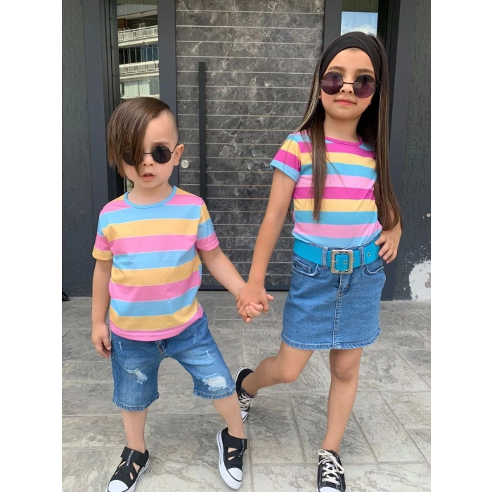 Kız Çocuk Kot Etek Çizgili T-Shırt Kemer Kombin