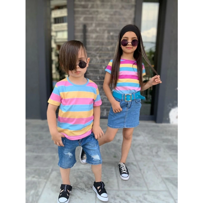 Kız Çocuk Kot Etek Çizgili T-Shırt Kemer Kombin