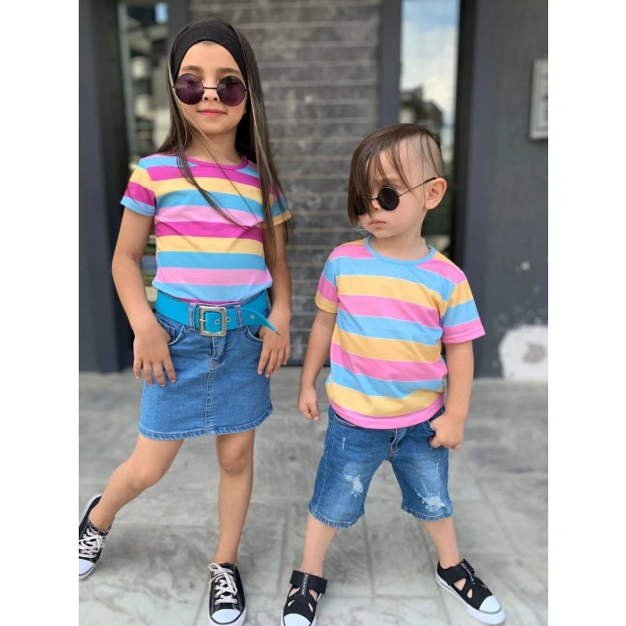 Kız Çocuk Kot Etek Çizgili T-Shırt Kemer Kombin