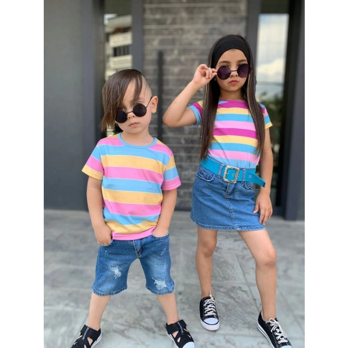 Kız Çocuk Kot Etek Çizgili T-Shırt Kemer Kombin