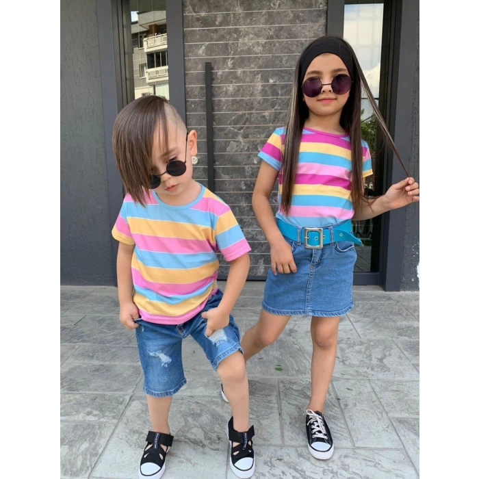 Kız Çocuk Kot Etek Çizgili T-Shırt Kemer Kombin