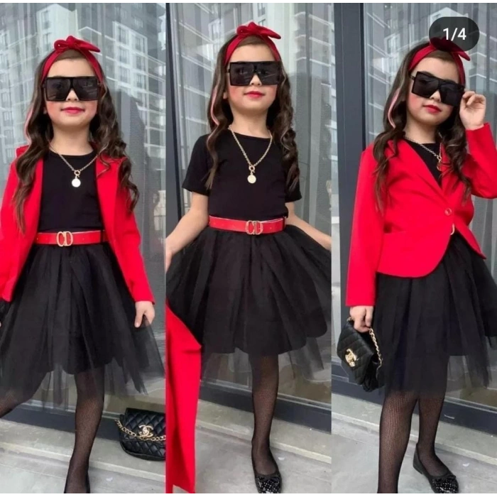 Kız Çocuk Mevsilmik Ceket Penye Bluz Tütü Etek Kemer Kombin