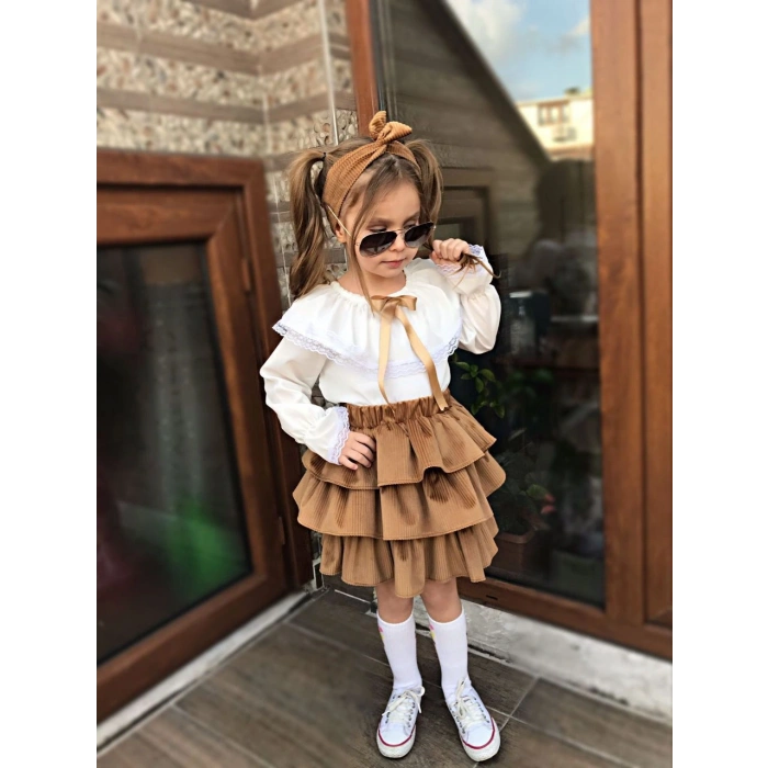 Kız Çocuk Uzun Kol Gömlek Fırfırlı Kadıfe Etek Bandana Takım