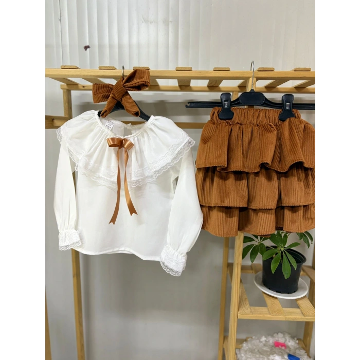 Kız Çocuk Uzun Kol Gömlek Fırfırlı Kadıfe Etek Bandana Takım