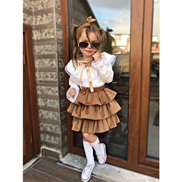 Kız Çocuk Uzun Kol Gömlek Fırfırlı Kadıfe Etek Bandana Takım