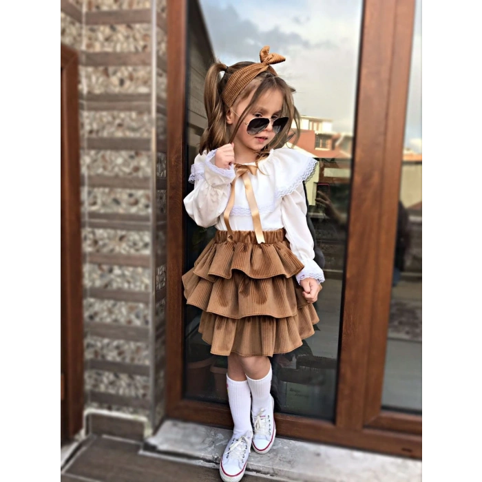 Kız Çocuk Uzun Kol Gömlek Fırfırlı Kadıfe Etek Bandana Takım