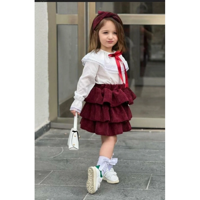 Kız Çocuk Uzun Kol Gömlek Fırfırlı Kadıfe Etek Bandana Takım Bordo