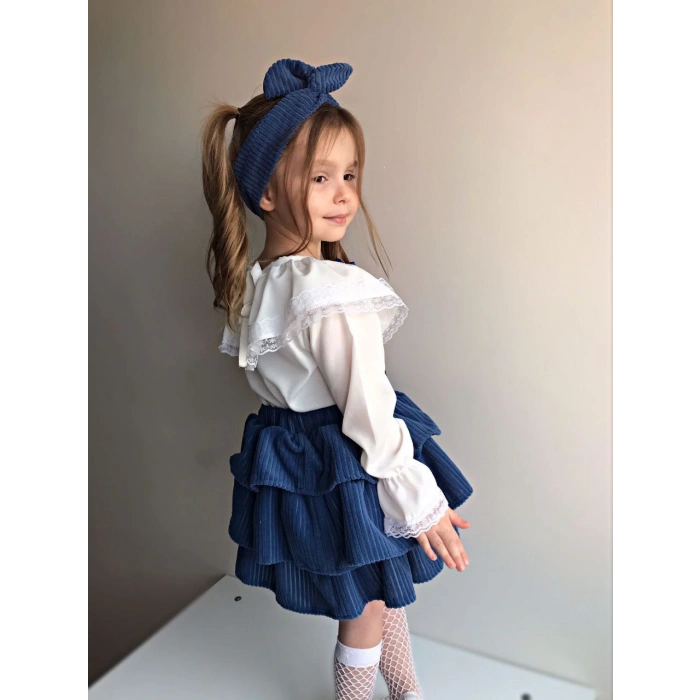 Kız Çocuk Uzun Kol Gömlek Fırfırlı Kadıfe Etek Bandana Takım Mavi