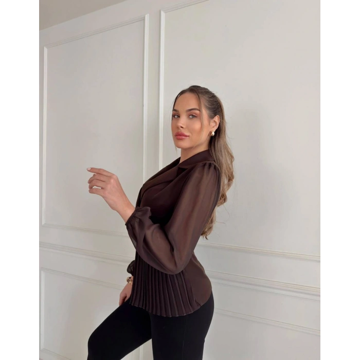 KURVAZE KESİM YANDAN PİLELİ ŞİFON KOLLU TEK DÜĞME GÖMLEK