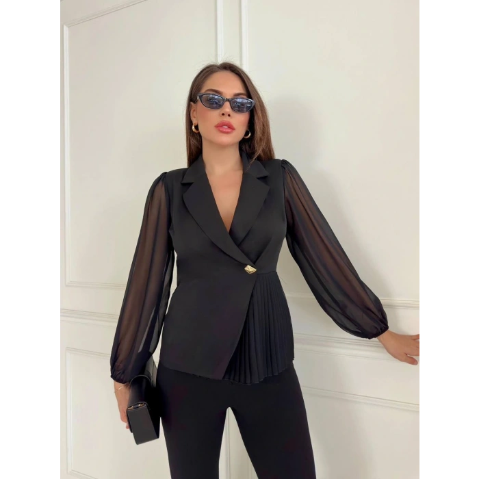 KURVAZE KESİM YANDAN PİLELİ ŞİFON KOLLU TEK DÜĞME GÖMLEK