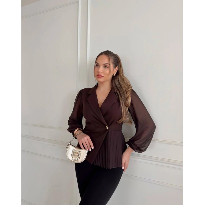 KURVAZE KESİM YANDAN PİLELİ ŞİFON KOLLU TEK DÜĞME GÖMLEK