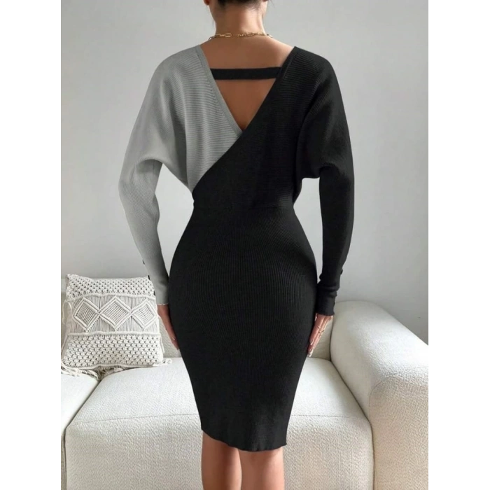 Kurvaze Yaka Bel Toka Detaylı Çift Renk Elbise