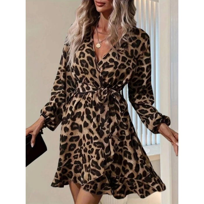 Leopar Desen Etek Kurvaze Belden Bağlamalı Mikro Kumaş Elbise