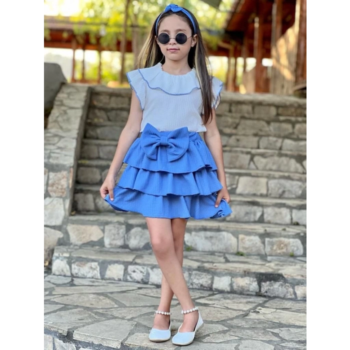 Mavi Fırfırlı Etek Şal Yaka Gömlek Bandana Kız Çocuk Takım