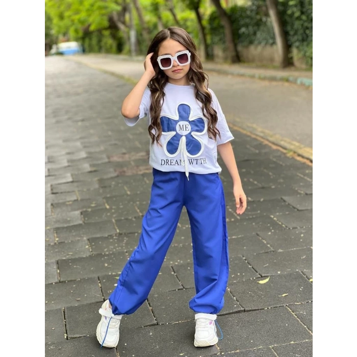 Mavi Paça Lastikli Bol Kesim Keten Pantolon Çiçek Nakışlı Pamuk Penye T-Shırt
