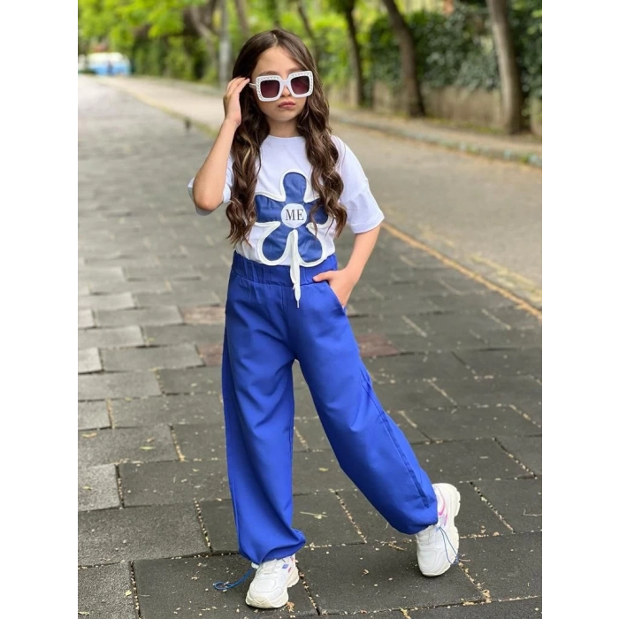 Mavi Paça Lastikli Bol Kesim Keten Pantolon Çiçek Nakışlı Pamuk Penye T-Shırt