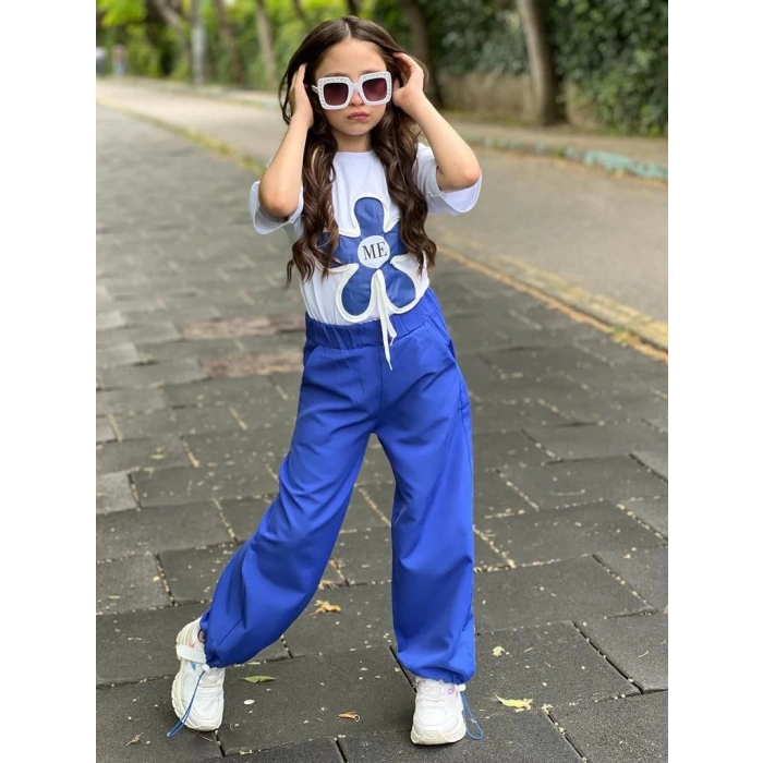 Mavi Paça Lastikli Bol Kesim Keten Pantolon Çiçek Nakışlı Pamuk Penye T-Shırt