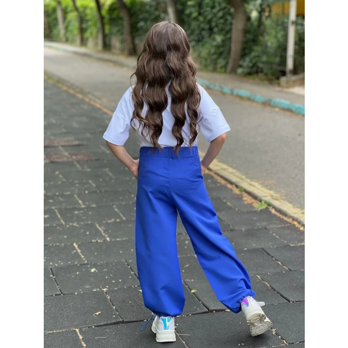 Mavi Paça Lastikli Bol Kesim Keten Pantolon Çiçek Nakışlı Pamuk Penye T-Shırt