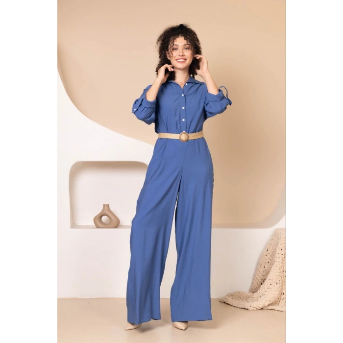 Müslin Rahat Kalıp Oversize Kadın Tulum İndigo