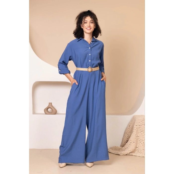 Müslin Rahat Kalıp Oversize Kadın Tulum İndigo