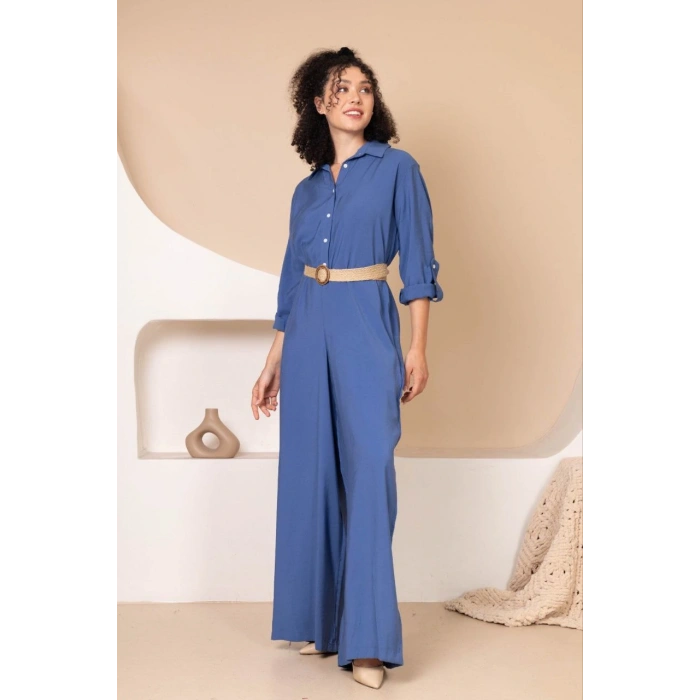 Müslin Rahat Kalıp Oversize Kadın Tulum İndigo